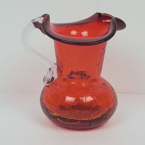 Amberina Red Orange Hand Blown Crackled Art Glass Mini Cruet Pitcher Jug Vintage - Picture 3 of 12